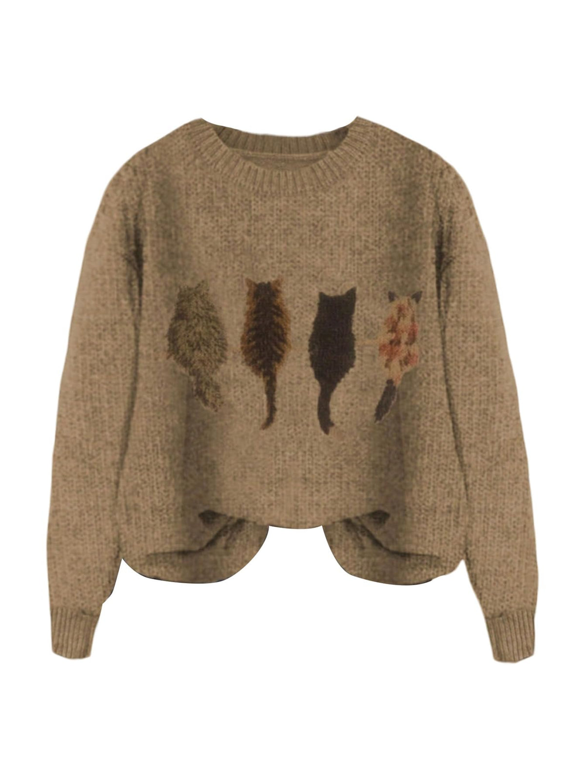 WDIRARA Women's Cat Graphic Sweater Long Sleeve Crew Neck Knit Tops