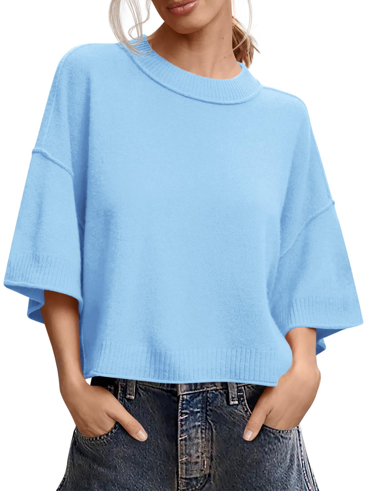 Saodimallsu Womens Short Sleeve Sweater Oversized Cropped Sweaters Knit Top
