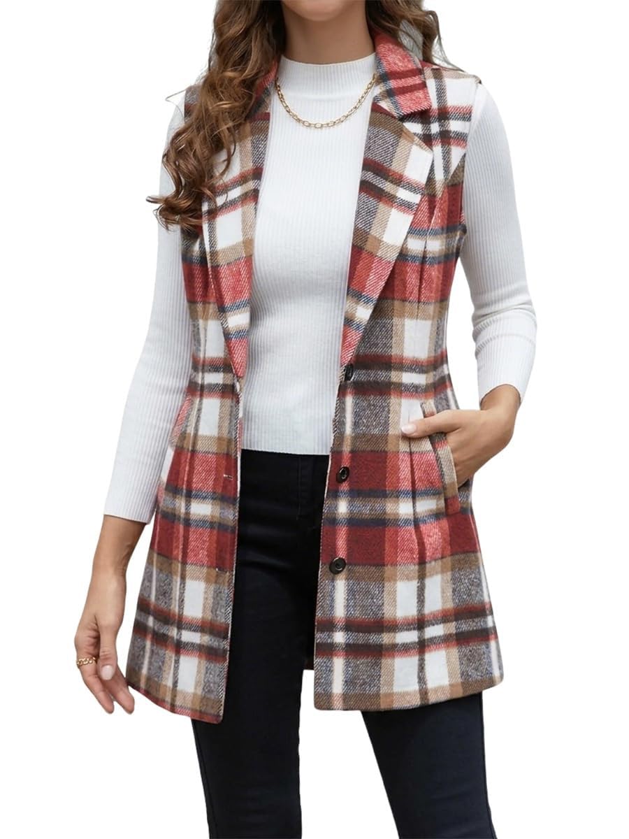IDEALSANXUN Plaid Vest for Women Fall Winter Sleeveless Blazer Jackets