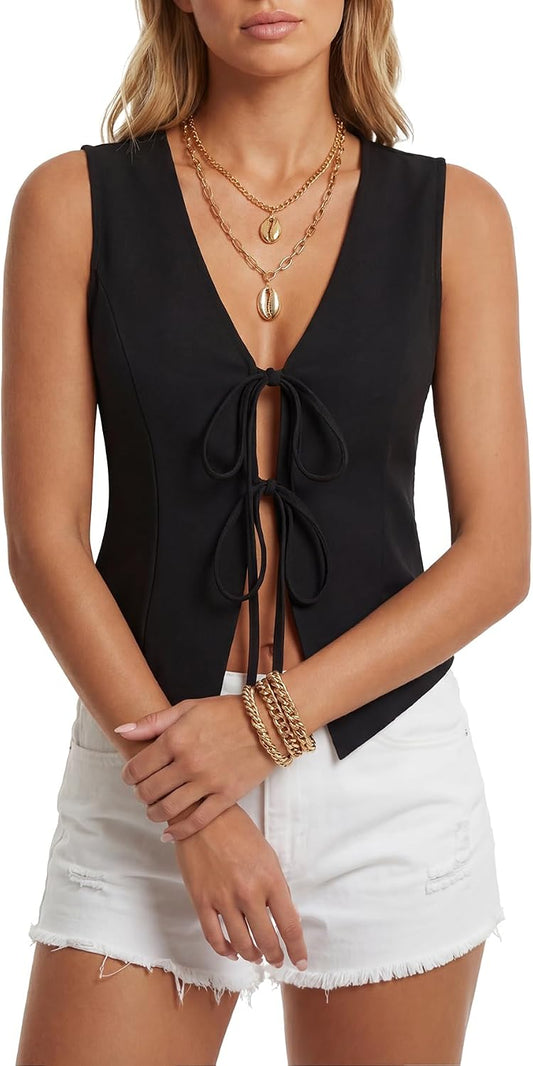 Vrtige Women's Y2k V Neck Tie Front Tank Tops