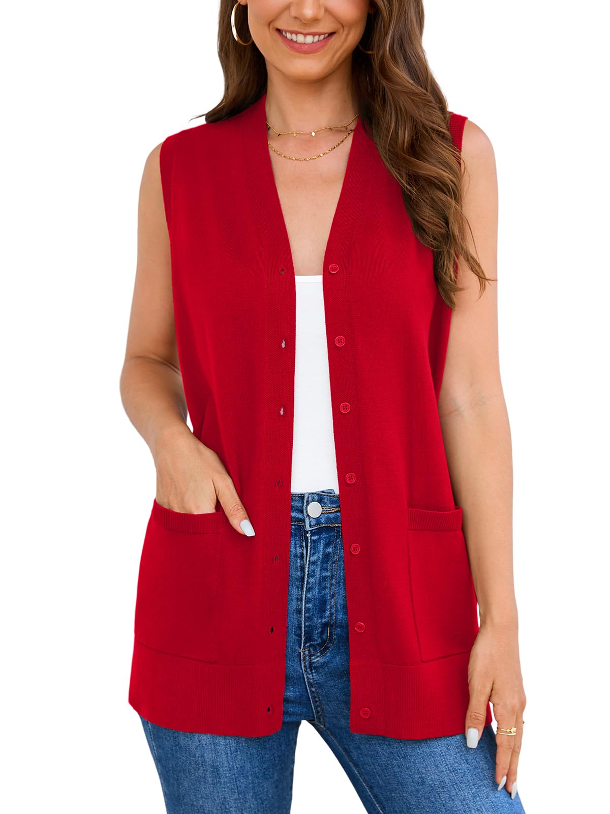 Veryoung Women's 2026 Sleeveless Button Down Cardigan Sweaters Fashion Casual Soft Knit Office Duster Vests with Cozy Pockets