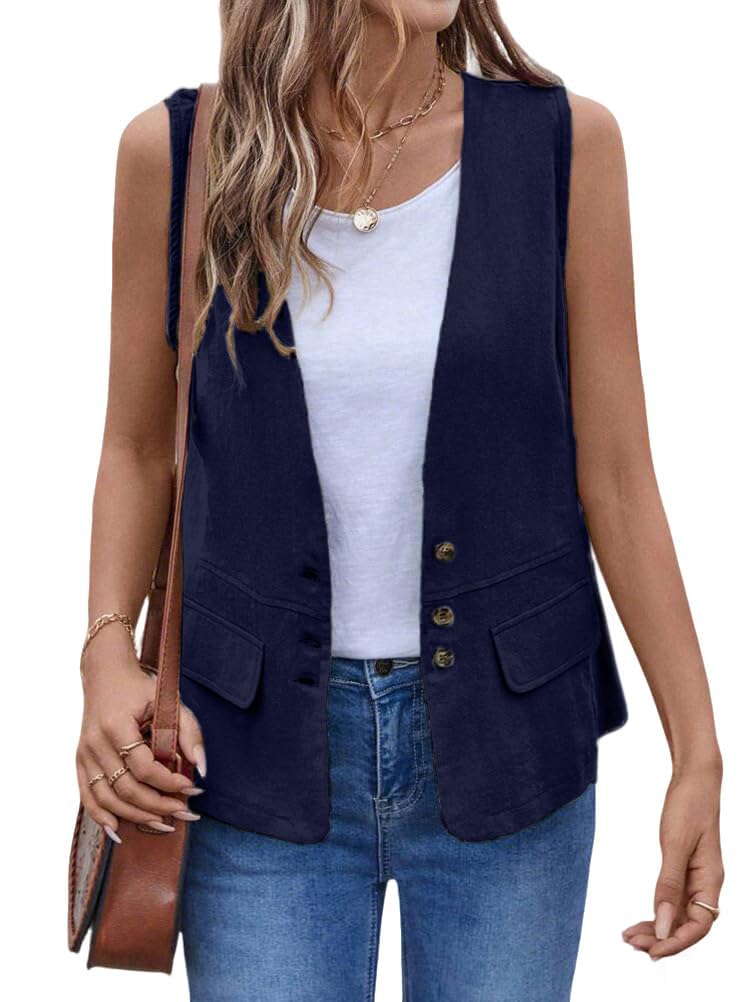 IDEALSANXUN Womens Cotton Linen Vest Casual Lightweight Button Down Sleeveless Jackets Tops