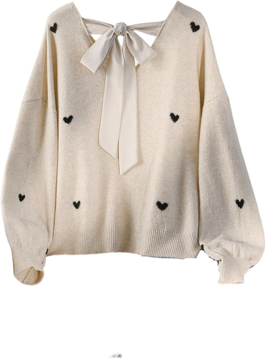 BEAUDRM Women's Plus Size Heart Graphic Sweaters Y2k Bow Tie Back V Neck Long Sleeve Knitwear Tops Fall Clothes