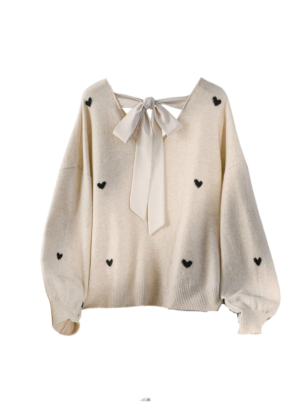 BEAUDRM Women's Plus Size Heart Graphic Sweaters Y2k Bow Tie Back V Neck Long Sleeve Knitwear Tops Fall Clothes