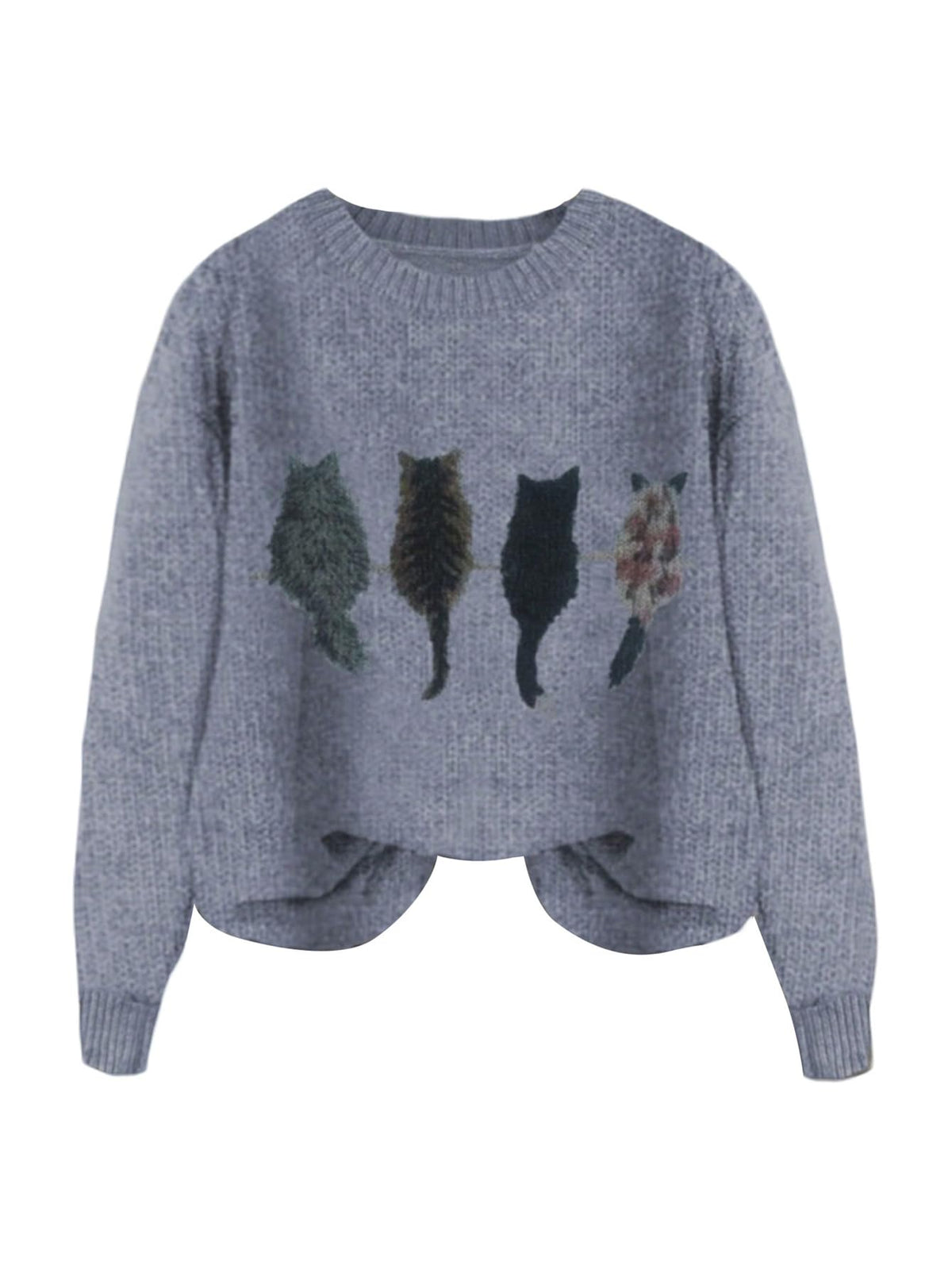 WDIRARA Women's Cat Graphic Sweater Long Sleeve Crew Neck Knit Tops
