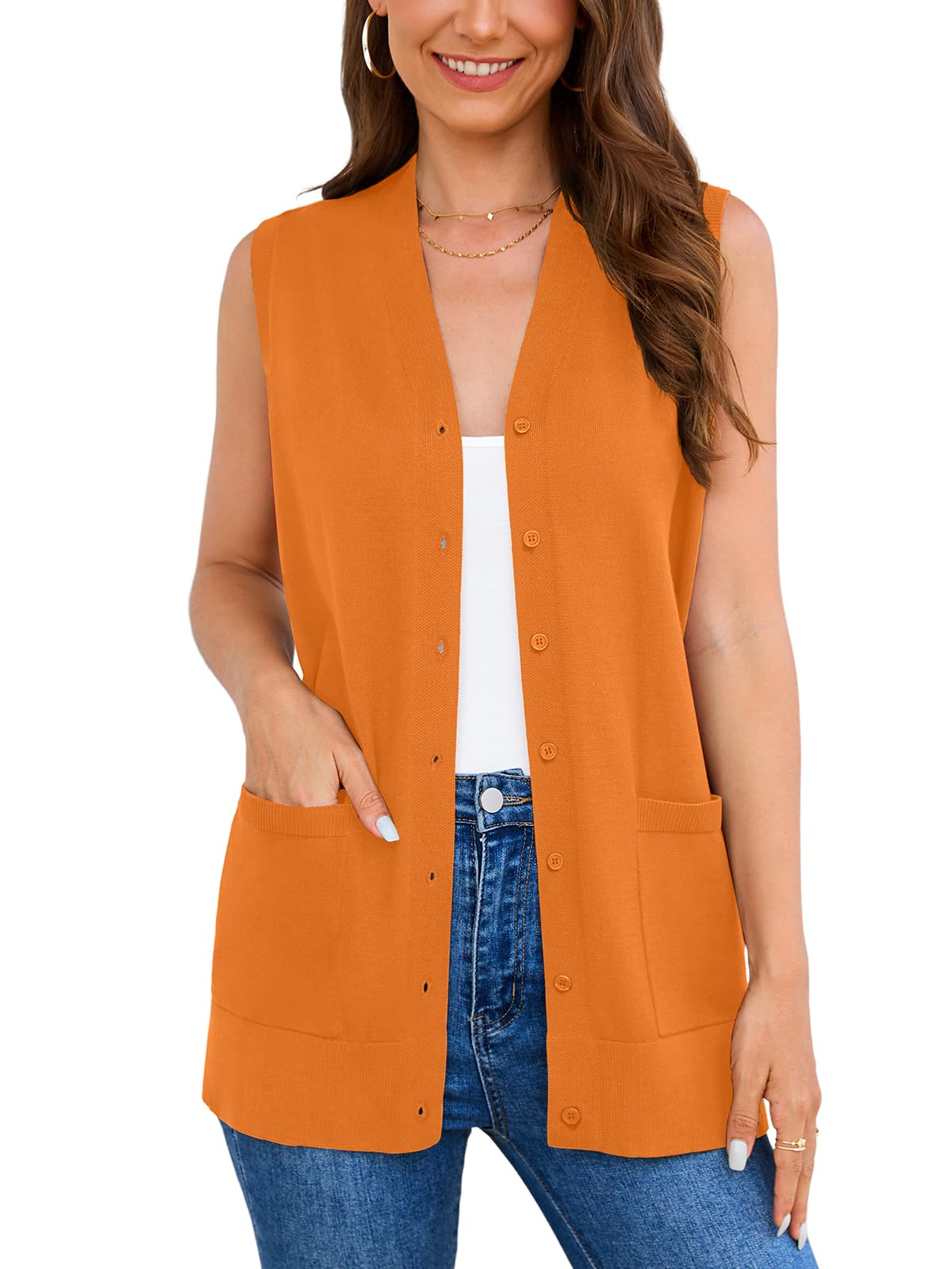 Veryoung Women's 2026 Sleeveless Button Down Cardigan Sweaters Fashion Casual Soft Knit Office Duster Vests with Cozy Pockets