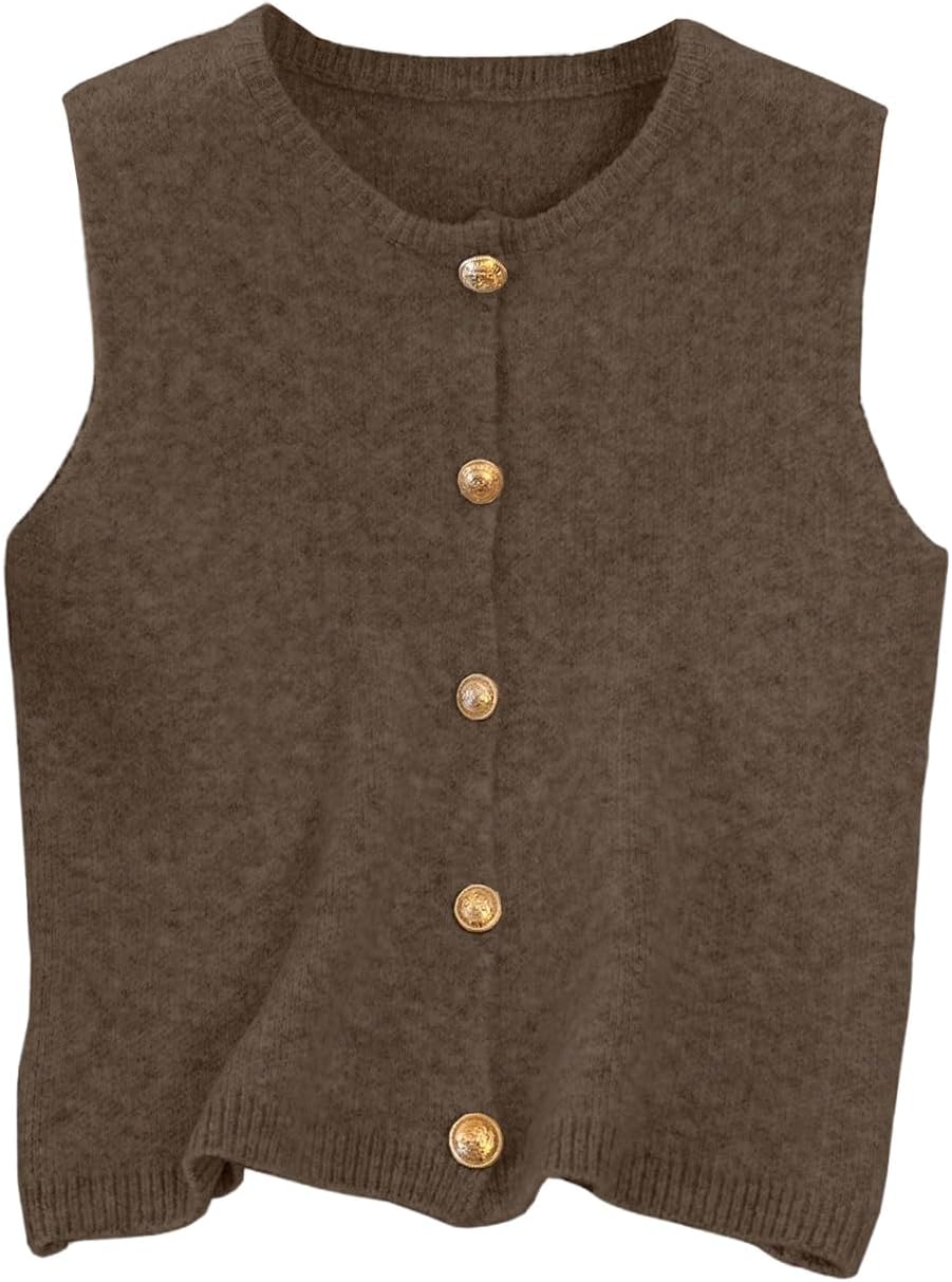 RoseSeek Women's Button Down Sweater Vest Sleeveless Crewneck Knit Knitwear