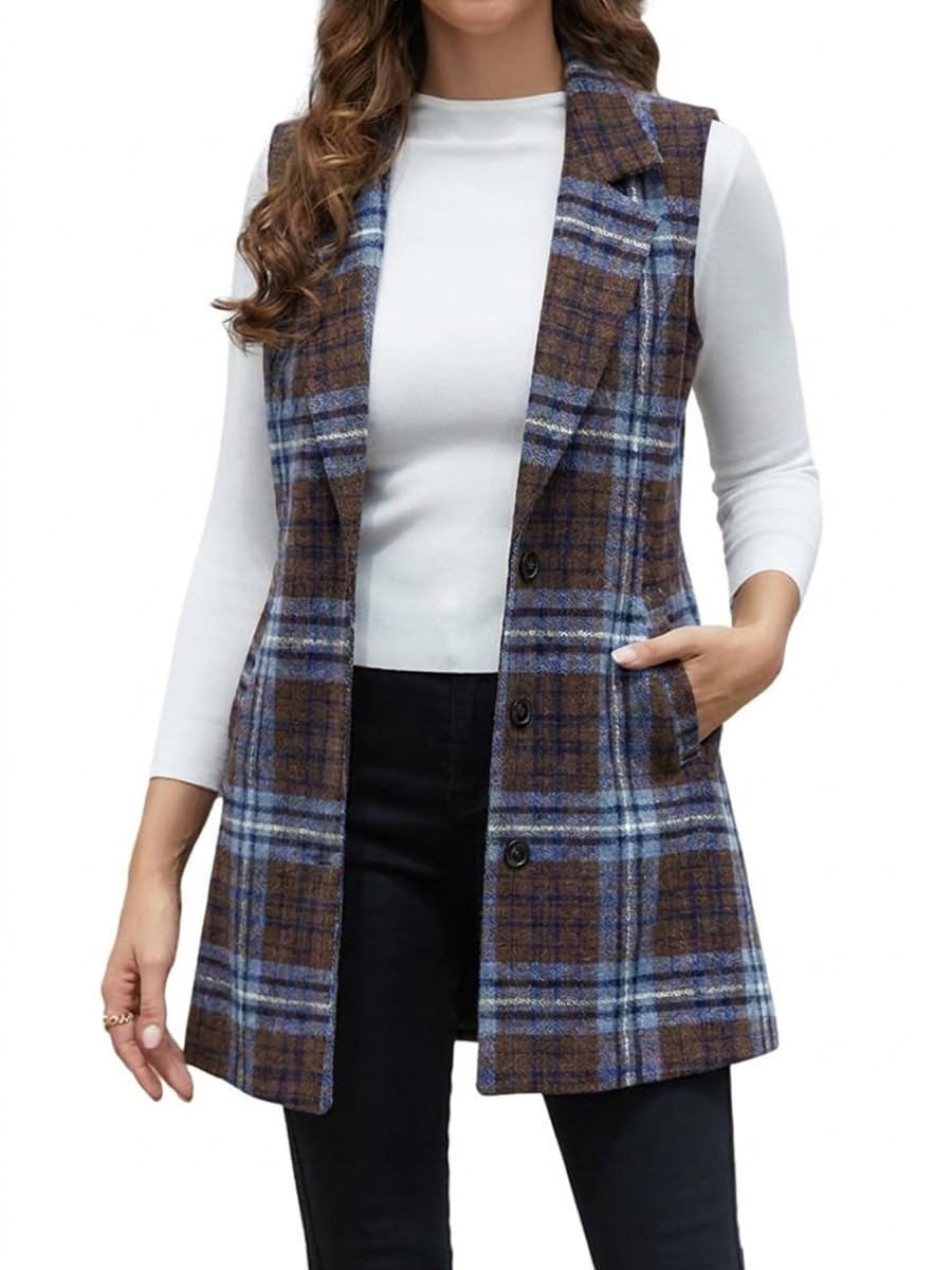 IDEALSANXUN Plaid Vest for Women Fall Winter Sleeveless Blazer Jackets