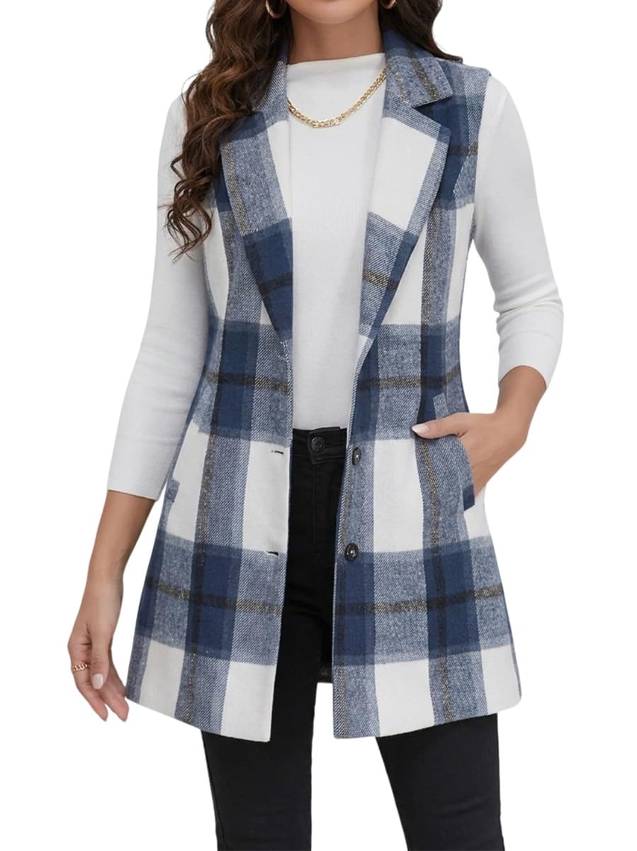 IDEALSANXUN Plaid Vest for Women Fall Winter Sleeveless Blazer Jackets