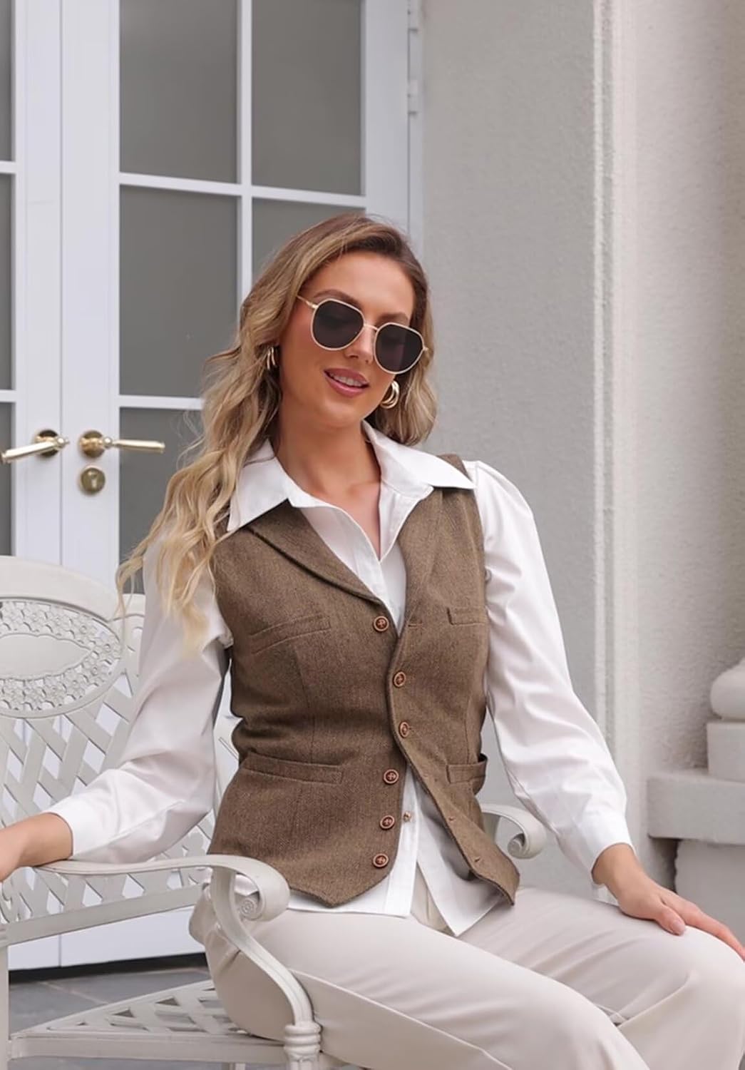 Women's Herringbone Tweed Waistcoat V-Neck Lapel Suit Vest