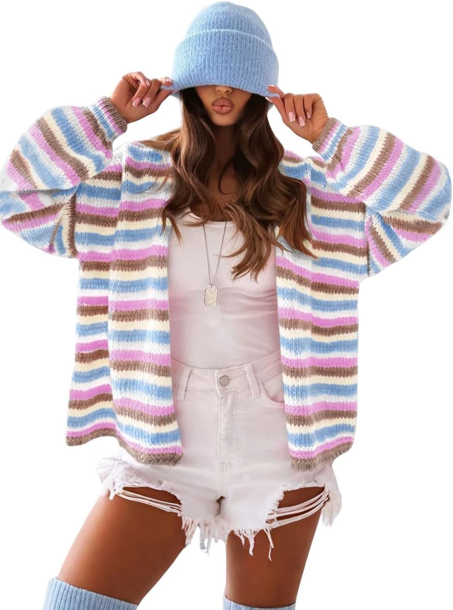 chouyatou Women's Fall Contrast Color Striped Cardigan Sweater Open Front Chunky Knit Cardigan Jacket