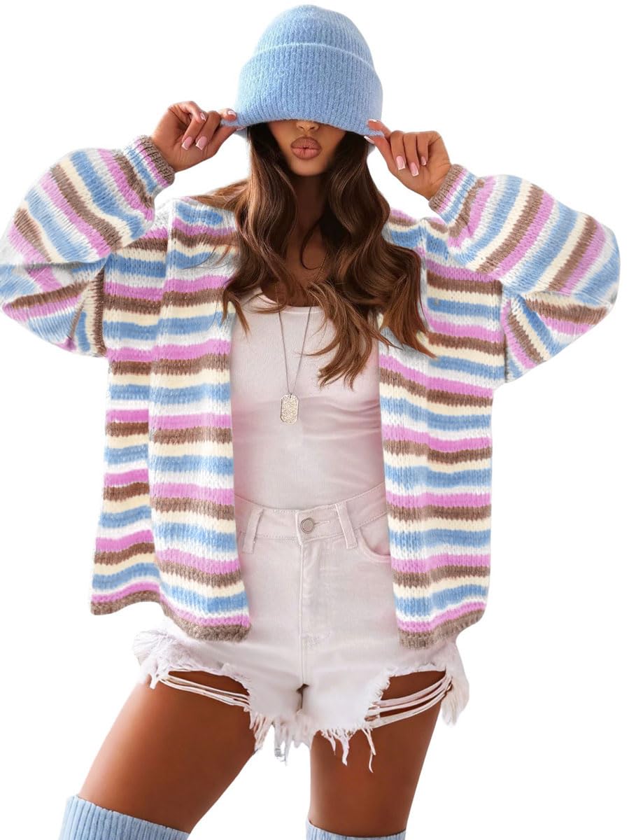 chouyatou Women's Fall Contrast Color Striped Cardigan Sweater Open Front Chunky Knit Cardigan Jacket