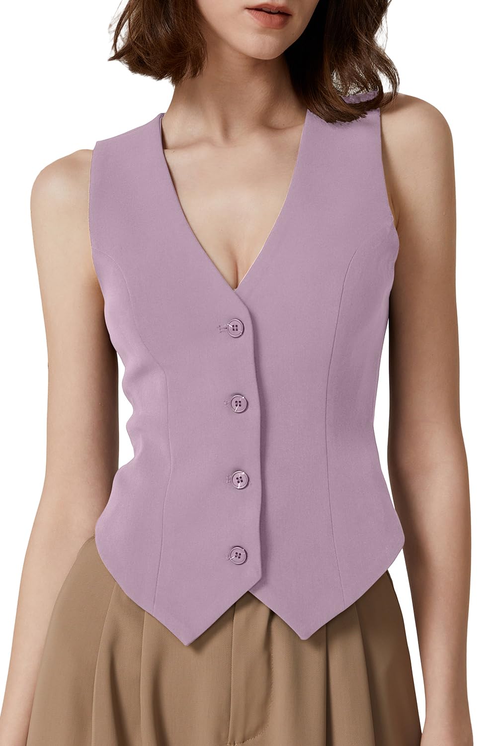 QINSEN Womens V Neck Vest Top Sleeveless Button Down Fully Lined Solid Going Out Crop Tops
