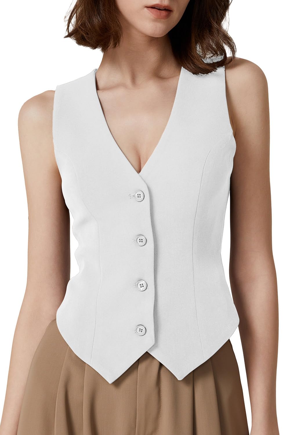 QINSEN Womens V Neck Vest Top Sleeveless Button Down Fully Lined Solid Going Out Crop Tops