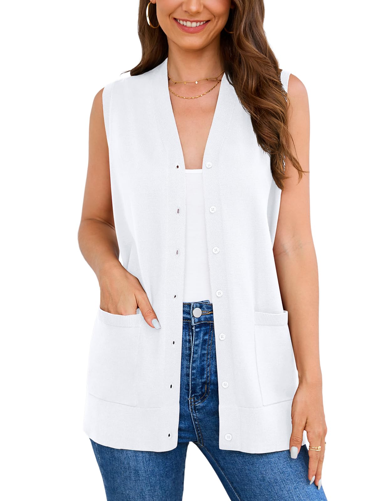 Veryoung Women's 2026 Sleeveless Button Down Cardigan Sweaters Fashion Casual Soft Knit Office Duster Vests with Cozy Pockets