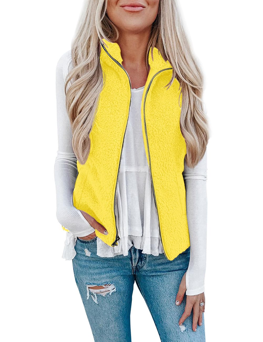 LOMON Womens Fuzzy Sherpa Fleece Jacket Lightweight Vest Cozy Sleeveless Cardigan Zipper Waistcoat Outerwear with Pocket