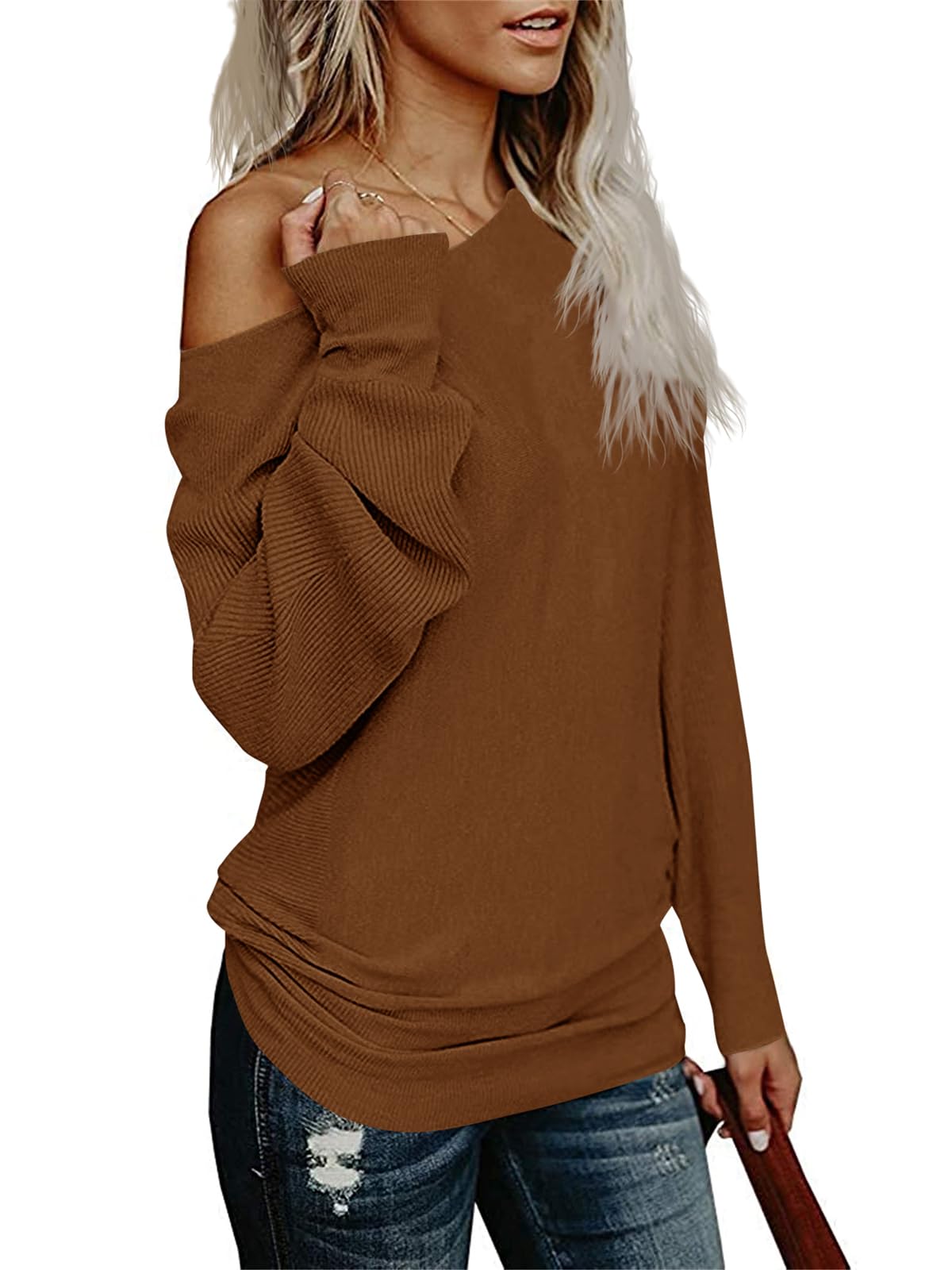 UMEKO Womens Off The Shoulder Sweater Oversized Knit Long Sleeve Sweaters Tunic Tops