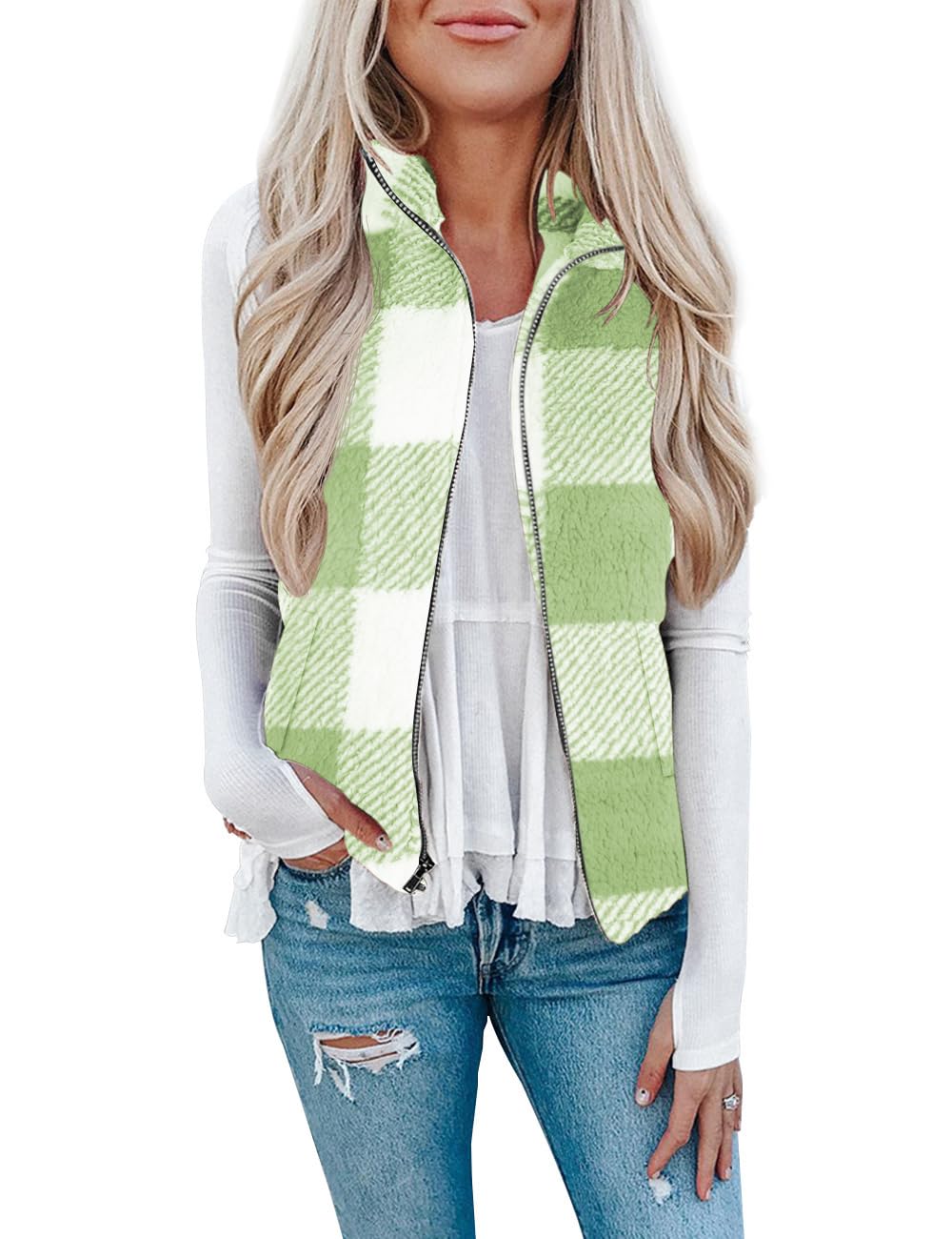LOMON Womens Fuzzy Sherpa Fleece Jacket Lightweight Vest Cozy Sleeveless Cardigan Zipper Waistcoat Outerwear with Pocket