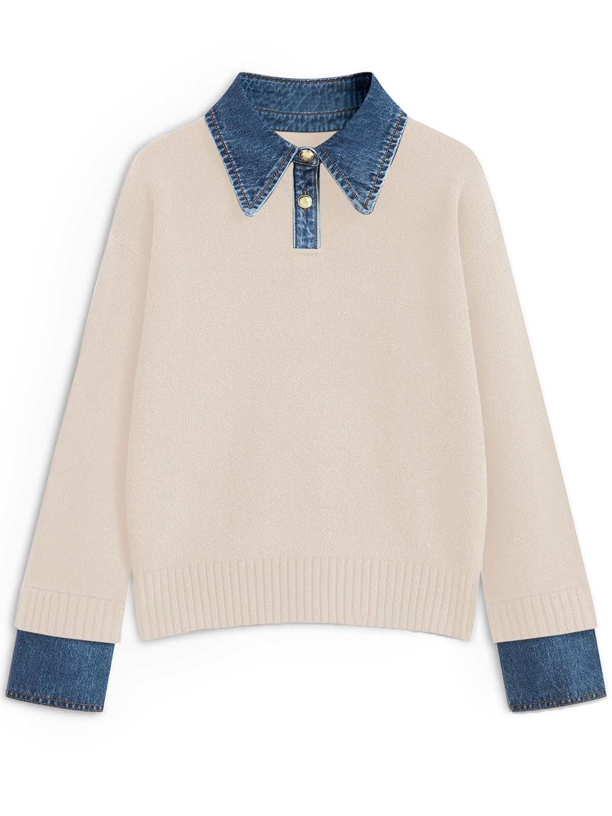GUNEST Womens Oversized Sweater Denim Polo Knit Collared Fall Sweater