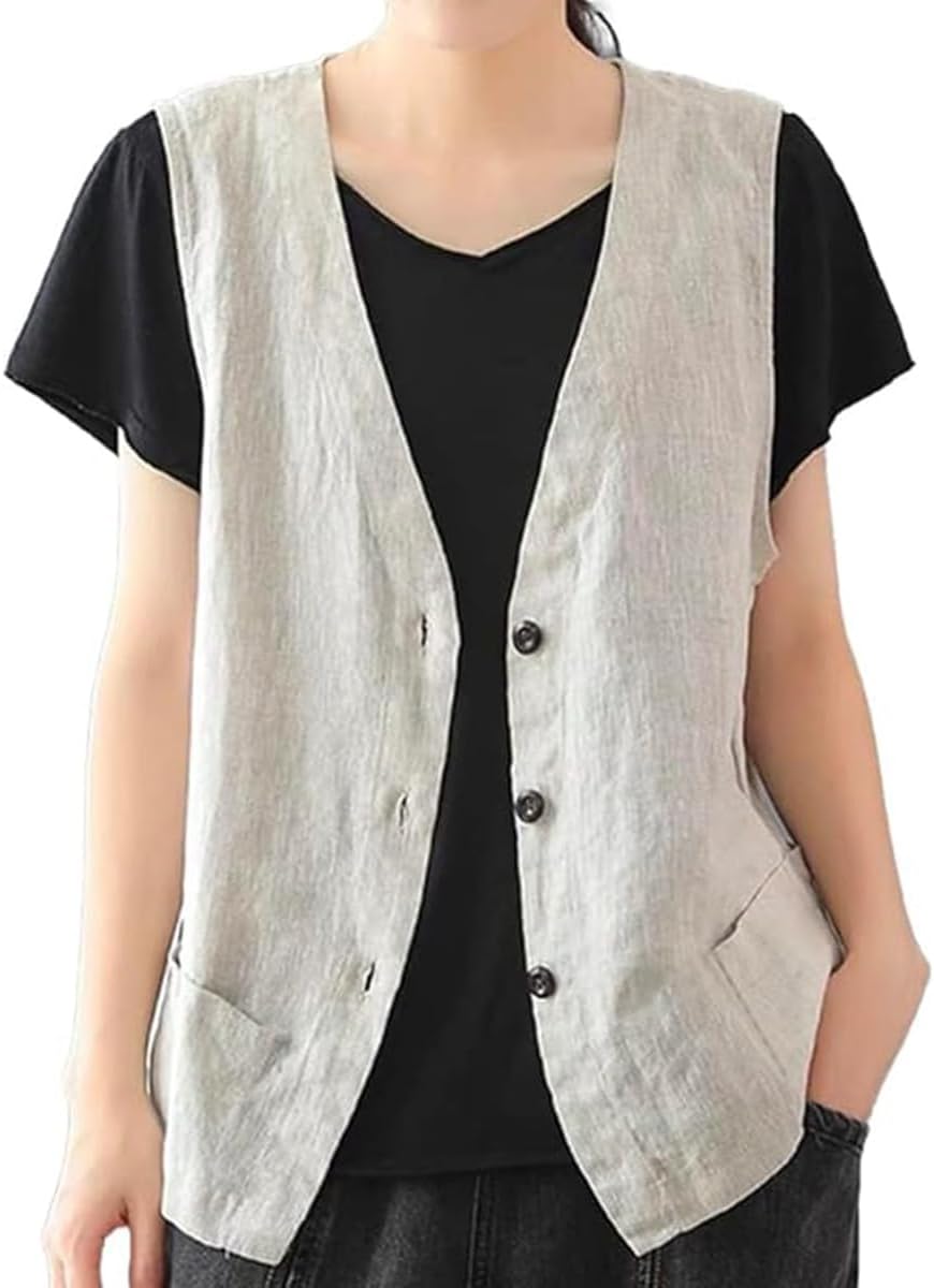 IDEALSANXUN Womens Cotton Linen Vest Casual Sleeveless Blazer