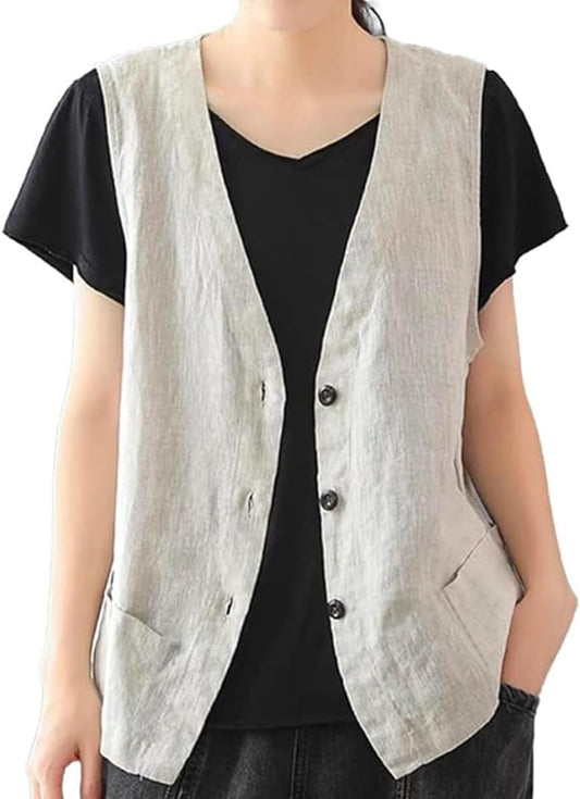 IDEALSANXUN Womens Cotton Linen Vest Casual Sleeveless Blazer