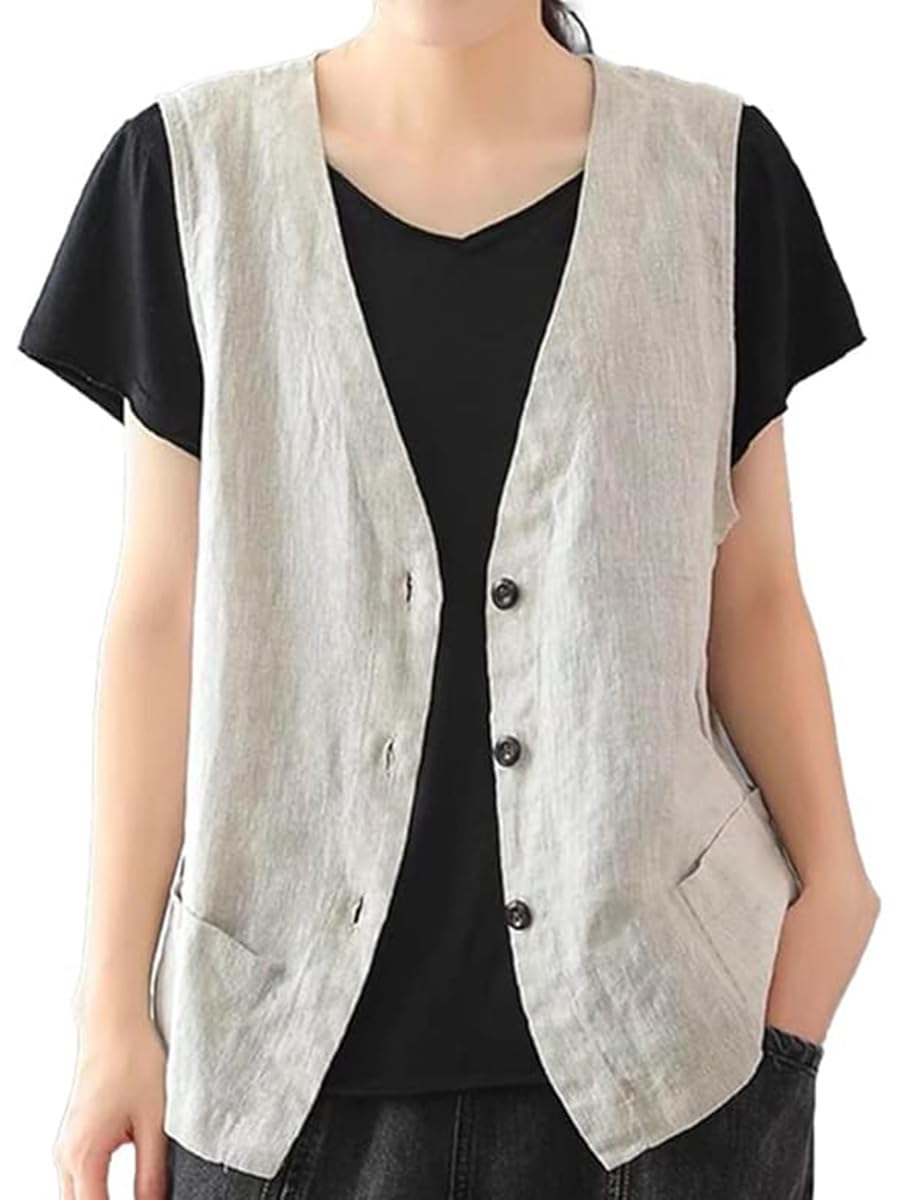 IDEALSANXUN Womens Cotton Linen Vest Casual Sleeveless Blazer