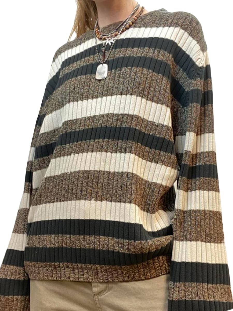 Women Y2K Argyle Striped Pullover Sweater Casual Long Sleeve Round Neck Vintage Preppy Style Pullover Knitwear