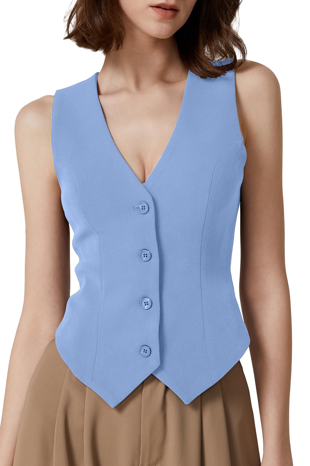 QINSEN Womens V Neck Vest Top Sleeveless Button Down Fully Lined Solid Going Out Crop Tops