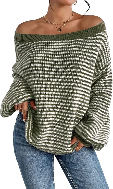 Women's Oversized Striped Sweater Casual Off The Shoulder Sweater Fall Long Sleeve Loose Knit Pullover Jumper Tops