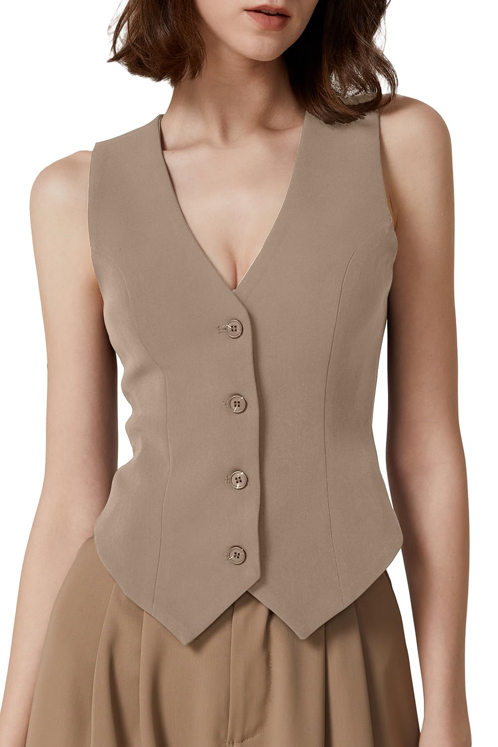 QINSEN Womens V Neck Vest Top Sleeveless Button Down Fully Lined Solid Going Out Crop Tops