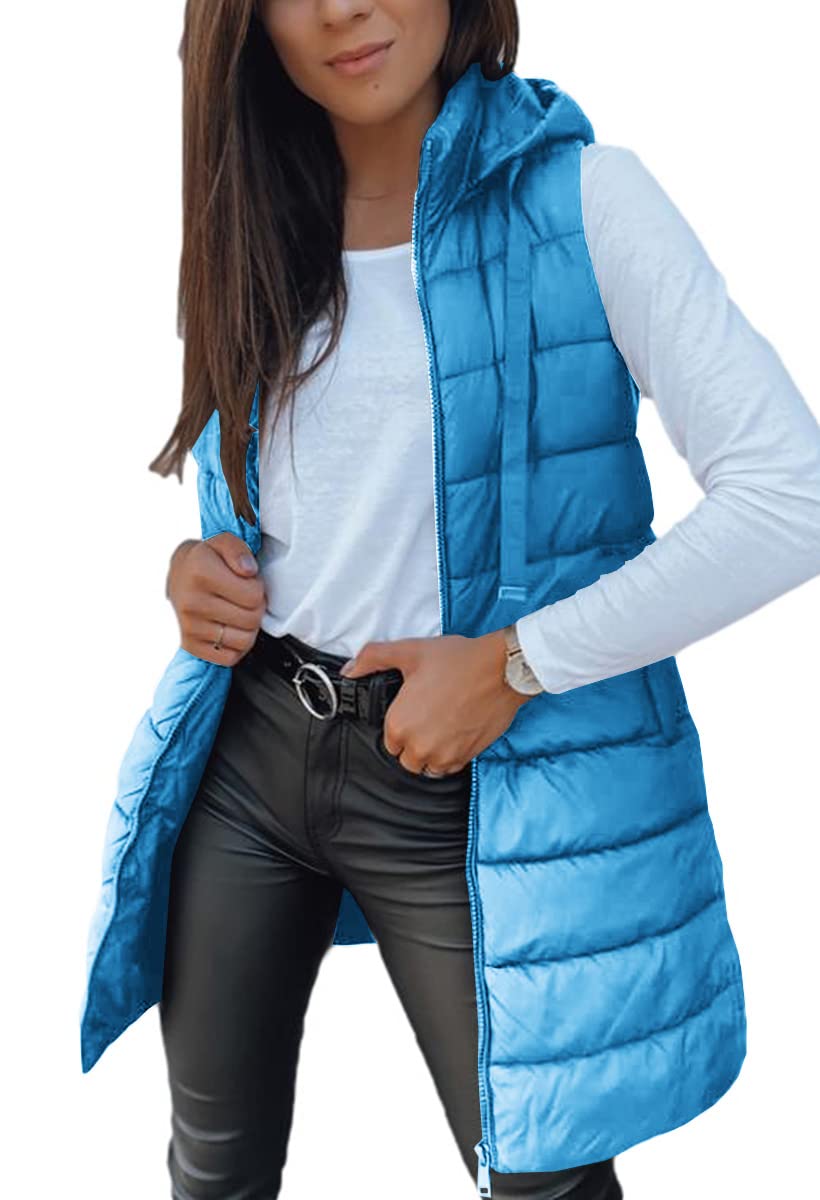Veatzaer Women Long Vest Sleeveless Hood Winter Puffer Vest Outwear