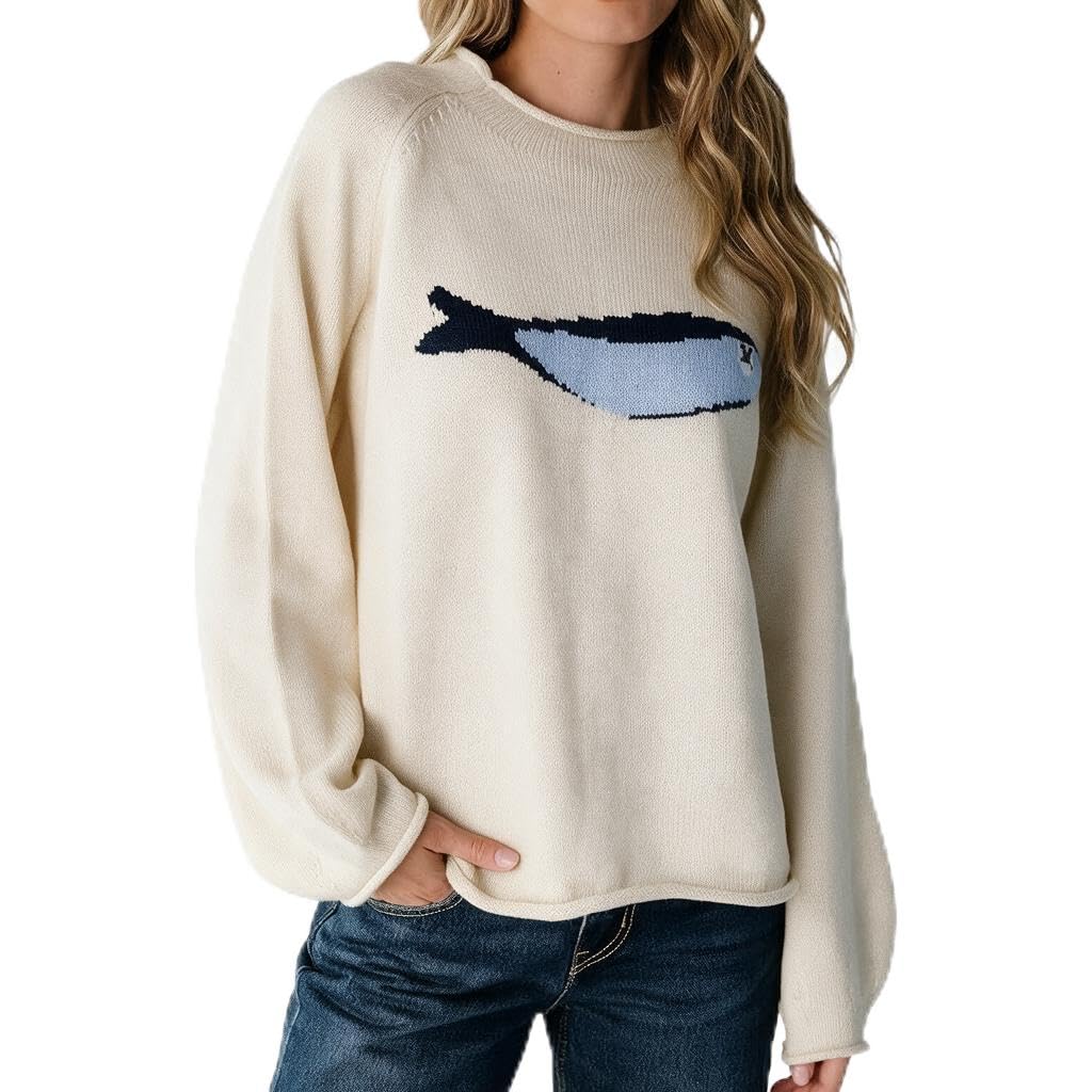 Women's Oversized Roll Neck Cute Animal Graphic Sweater Long Sleeve Chunky Knit Pullover Tops Casual Patterned Knitwear