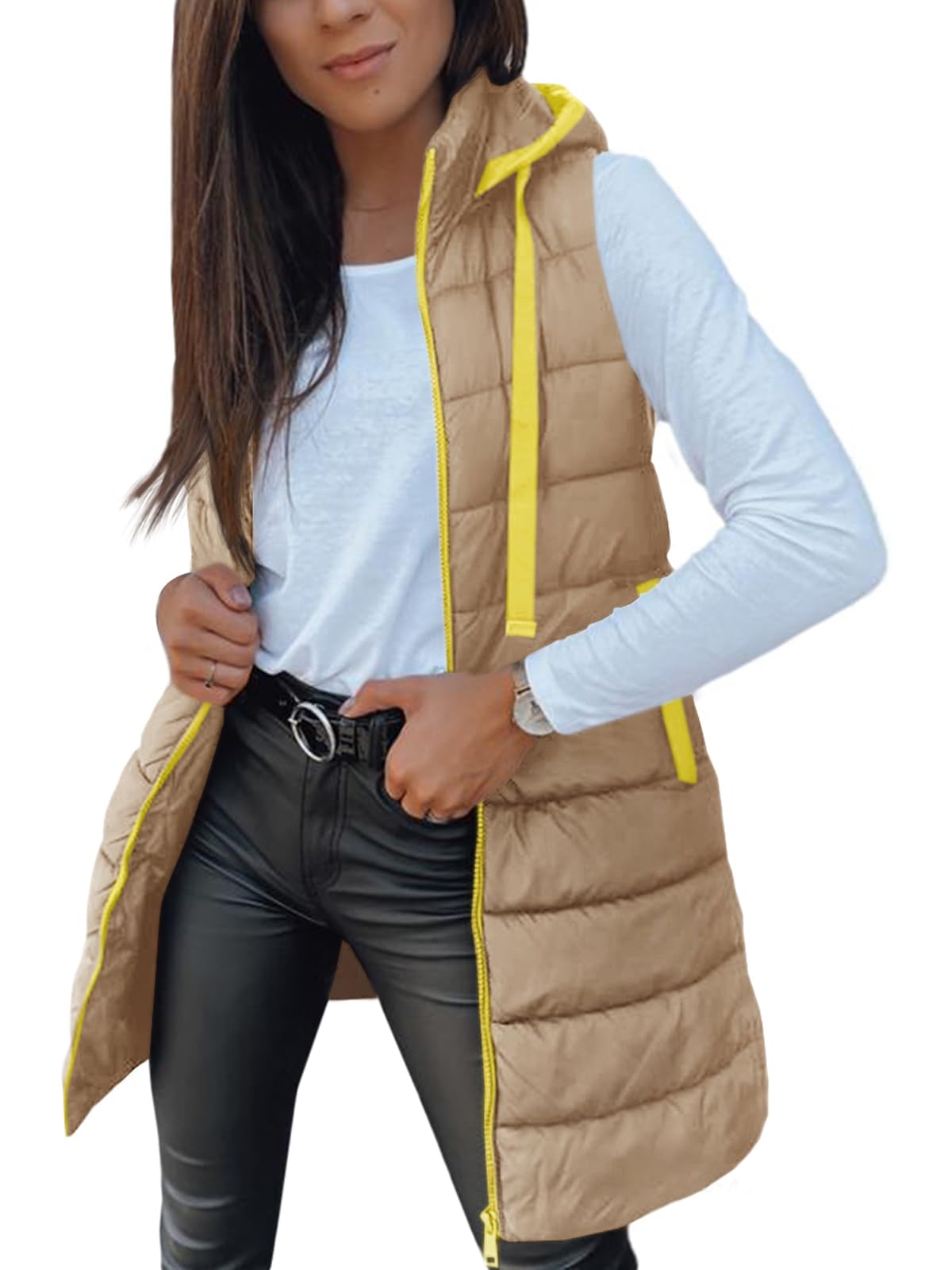 Veatzaer Women Long Vest Sleeveless Hood Winter Puffer Vest Outwear