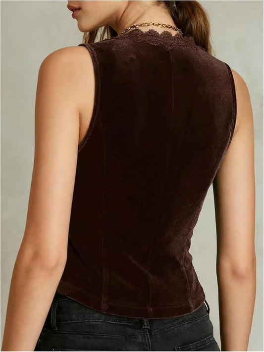 SHENHE Women's Vintage Velvet Vest Lace Trim Button Up V Neck Vest Top