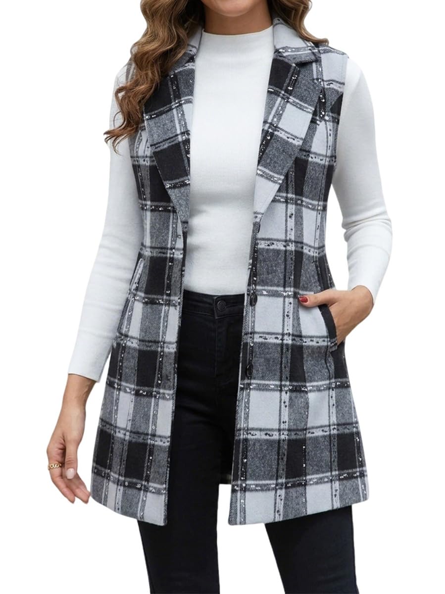 IDEALSANXUN Plaid Vest for Women Fall Winter Sleeveless Blazer Jackets