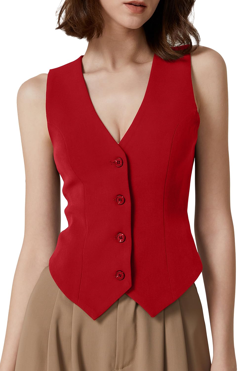 QINSEN Womens V Neck Vest Top Sleeveless Button Down Fully Lined Solid Going Out Crop Tops