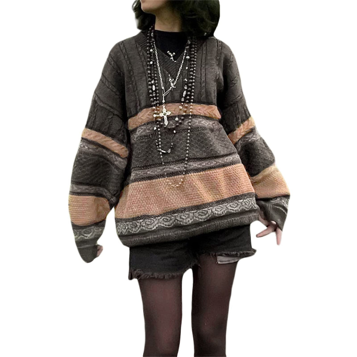 Women Y2K Argyle Striped Pullover Sweater Casual Long Sleeve Round Neck Vintage Preppy Style Pullover Knitwear