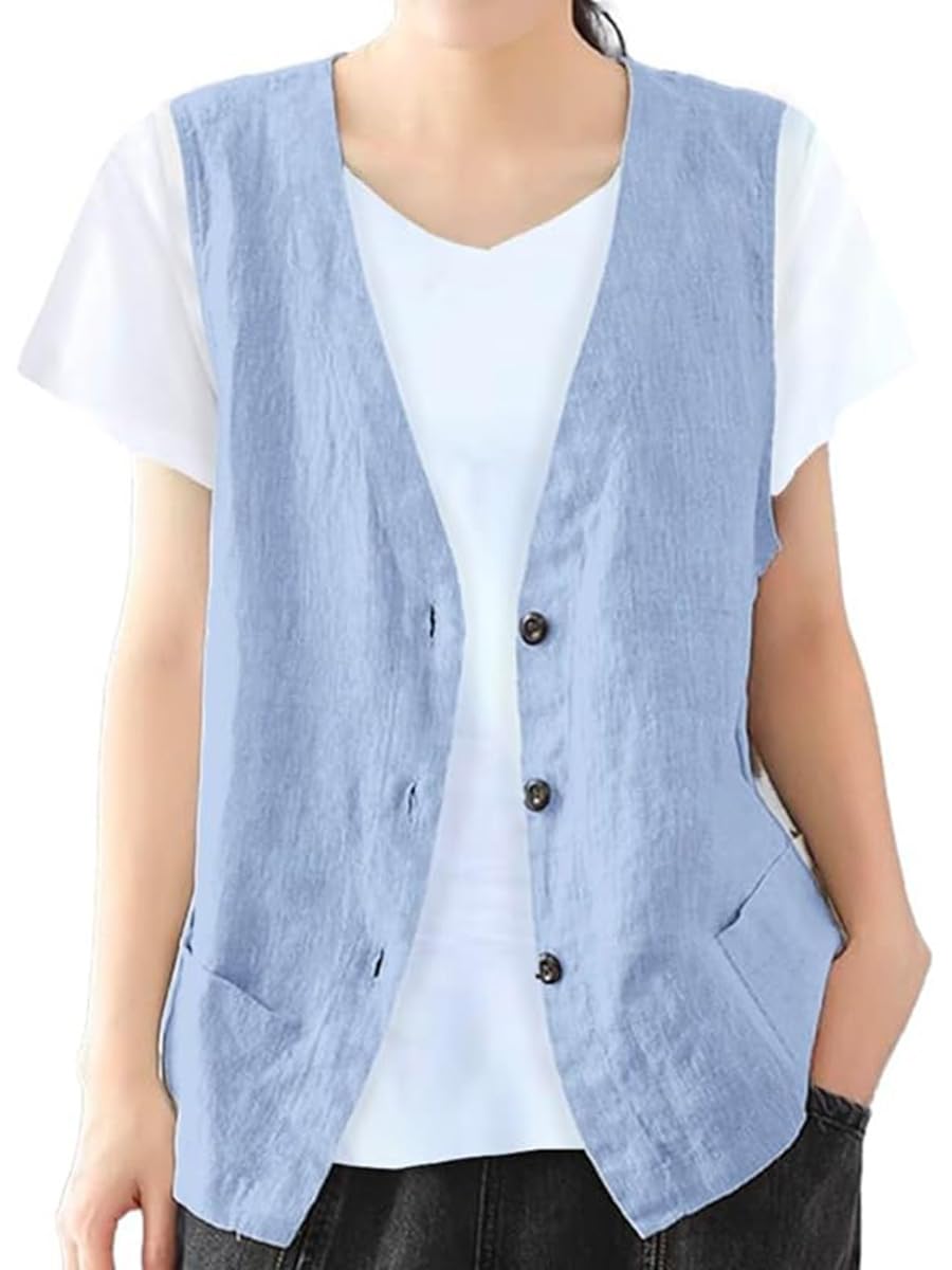 IDEALSANXUN Womens Cotton Linen Vest Casual Sleeveless Blazer