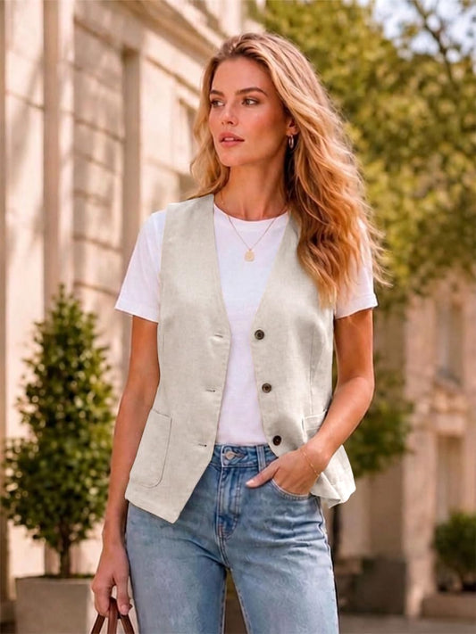 IDEALSANXUN Womens Cotton Linen Vest Casual Sleeveless Blazer