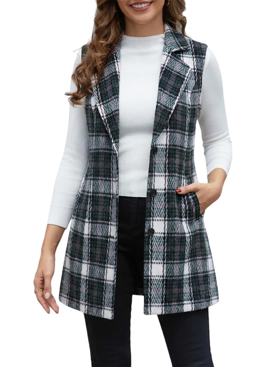 IDEALSANXUN Plaid Vest for Women Fall Winter Sleeveless Blazer Jackets
