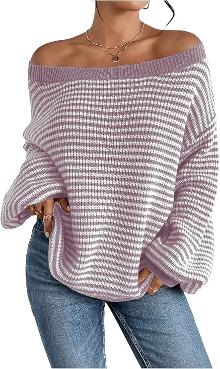 Women's Oversized Striped Sweater Casual Off The Shoulder Sweater Fall Long Sleeve Loose Knit Pullover Jumper Tops