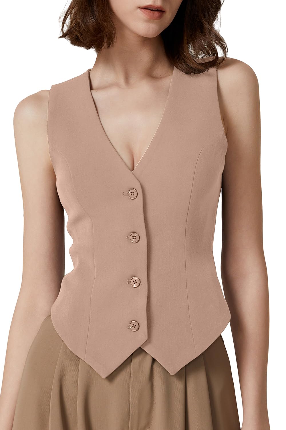 QINSEN Womens V Neck Vest Top Sleeveless Button Down Fully Lined Solid Going Out Crop Tops