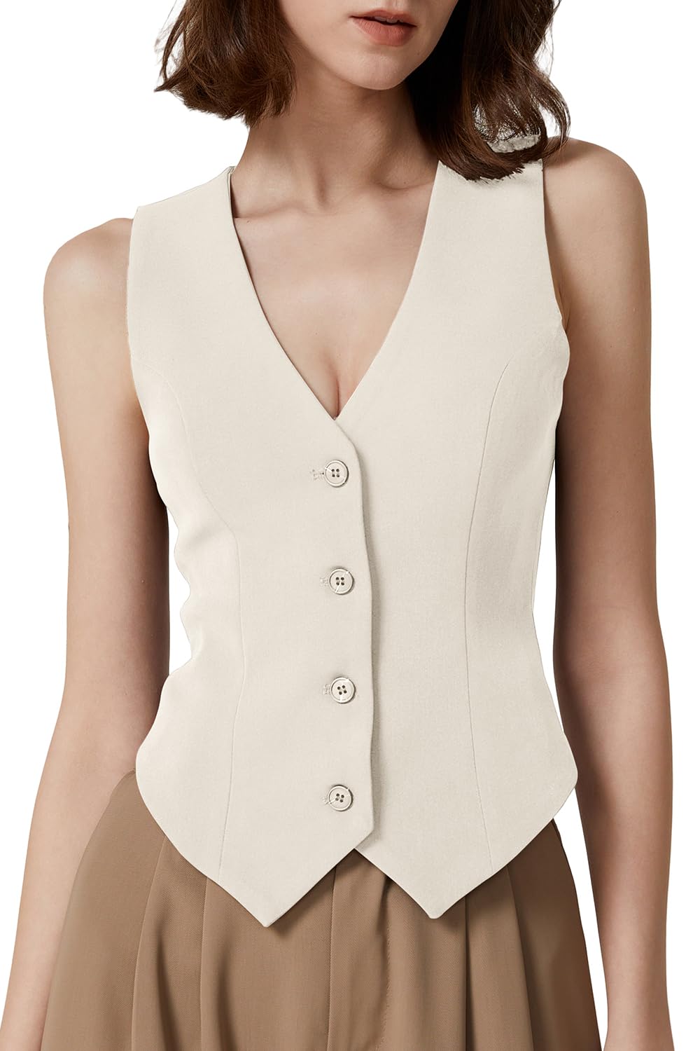 QINSEN Womens V Neck Vest Top Sleeveless Button Down Fully Lined Solid Going Out Crop Tops