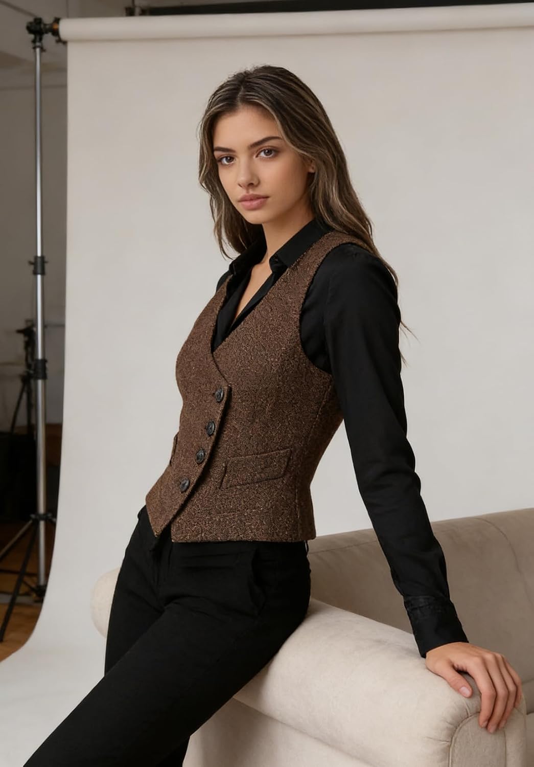 Women's Herringbone Tweed Waistcoat Slim-Fit Suit Vest