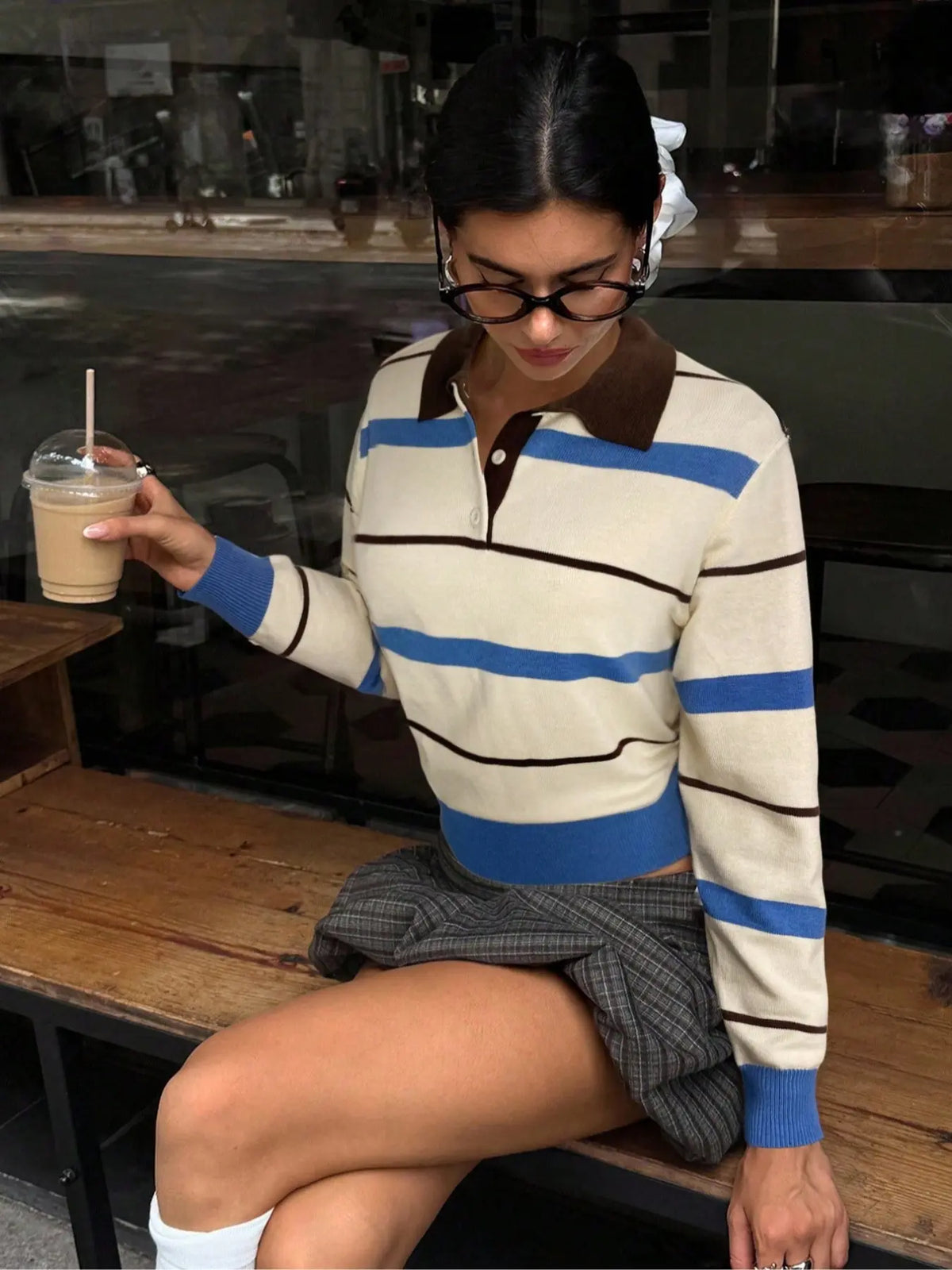 Trendy Women's College Style Polo Neck Sweater, Blue Striped Loose Knitwear, Casual Fashion Pullover for Fall & Winter