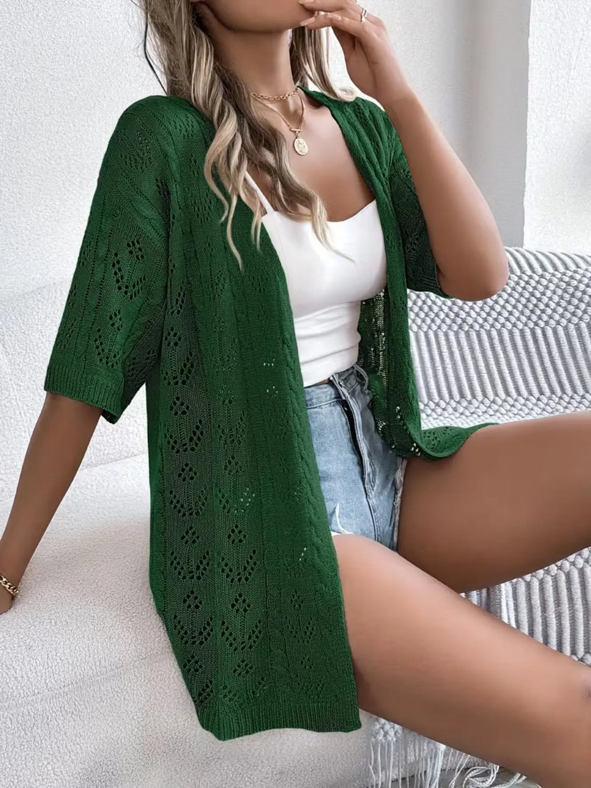 【Plus Size】 Solid Lace Hole Design Knitting Cardigan, Elegant Casual Open Front Loose Fit Short Sleeve Knitwear for Daily Wear, Casual Chic Knitwear, Women's Plus Clothing for All Seasons, Tops