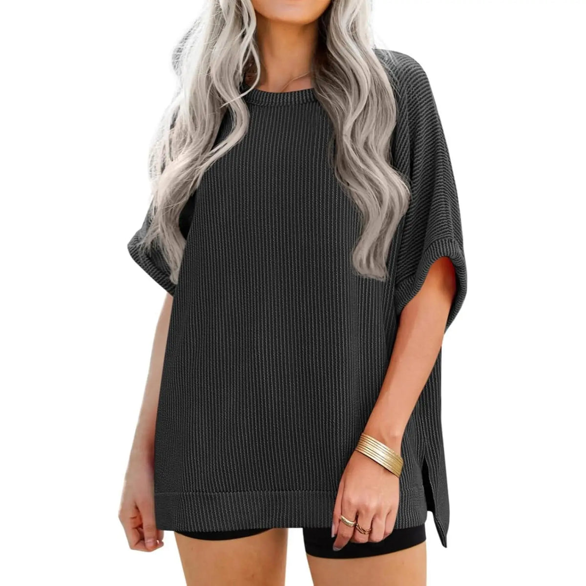 Danedvi Plus Size Oversized Knit Tunic Top Casual Summer Tee for Curvy Women - Soft Stretch Round Neck, Short Batwing/Dolman Sleeves, Side Slits, Striped or Solid Options, S-3XL Everyday Fashion