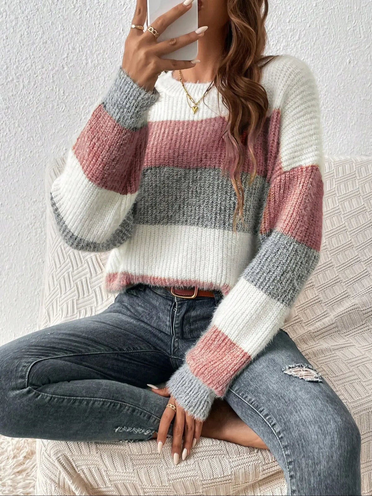Women's Striped Sweater, Casual Drop Shoulder Long Sleeve Loose Jumper, Knitted Top for Fall & Winter, Women's Fashion Clothing for Everyday Wear, Womenswear, Knitwear
