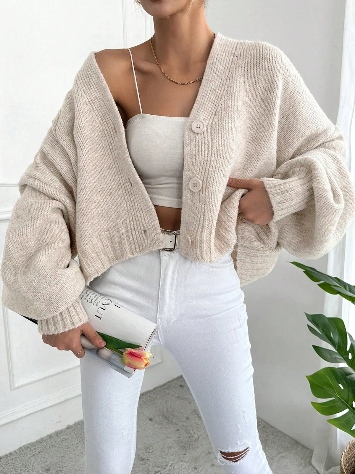 Women's V Neck Lantern Sleeve Sweater, Casual Baggy Loose-Fit Knitted Cardigan, Fall & Winter Fashion, Minimalist, Plain Color, One Button Design, Knitwear Tops