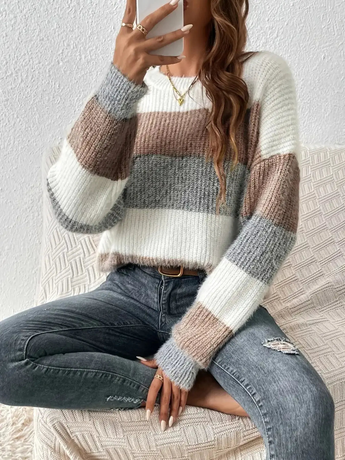 Women's Striped Sweater, Casual Drop Shoulder Long Sleeve Loose Jumper, Knitted Top for Fall & Winter, Women's Fashion Clothing for Everyday Wear, Womenswear, Knitwear